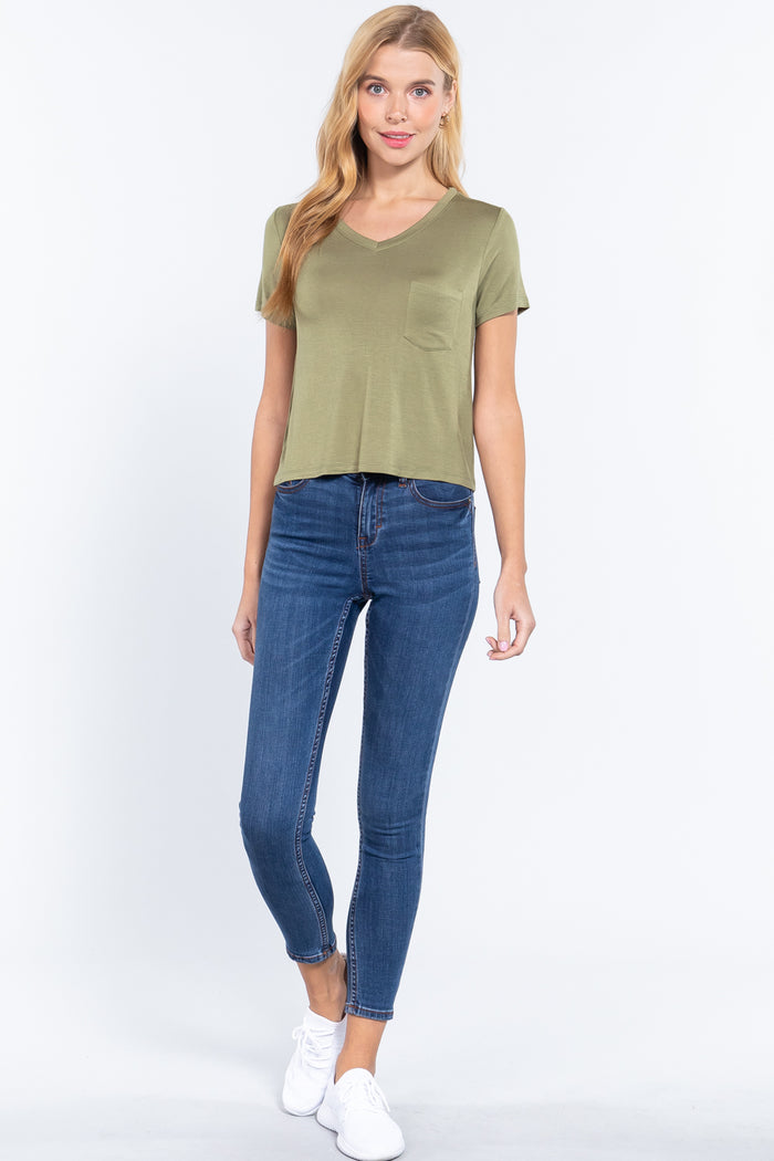 Short Slv V-neck W/pocket Crop Top