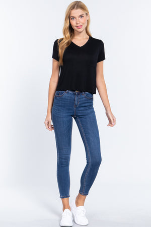 Short Slv V-neck W/pocket Crop Top