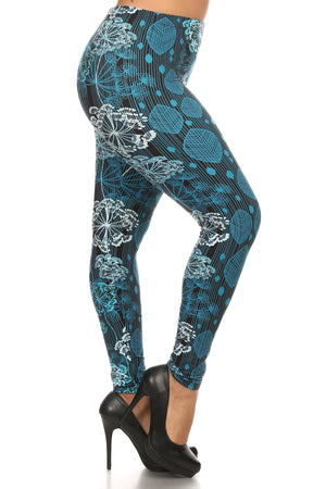 Plus Size Floral Print, Full Length Leggings In A Slim Fitting Style With A Banded High Waist