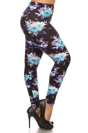 Plus Size Floral Print, Full Length Leggings In A Slim Fitting Style With A Banded High Waist