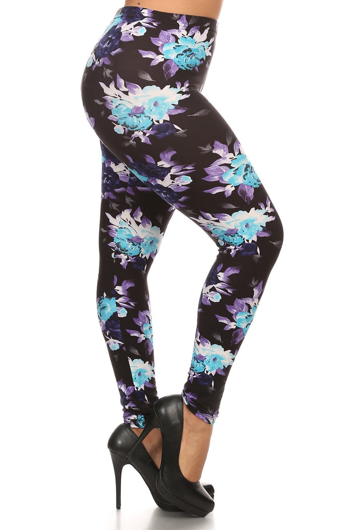 Plus Size Floral Print, Full Length Leggings In A Slim Fitting Style With A Banded High Waist