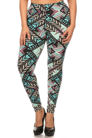 Plus Size Geo Tribal Pattern Print Ankle Length Leggings With Stretch Elastic Waist