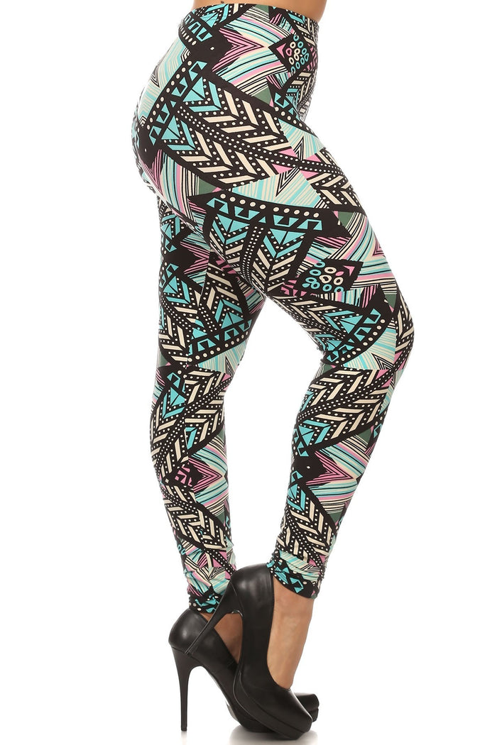 Plus Size Geo Tribal Pattern Print Ankle Length Leggings With Stretch Elastic Waist