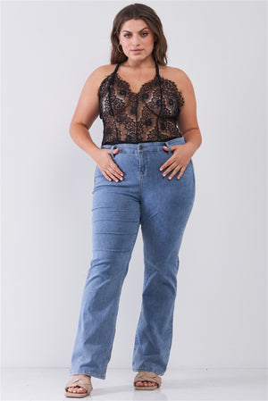 Plus Size Sheer Lace Sleeveless V-neck Criss-cross Back Strap Bodysuit