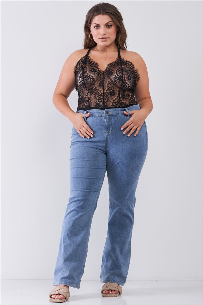 Plus Size Sheer Lace Sleeveless V-neck Criss-cross Back Strap Bodysuit