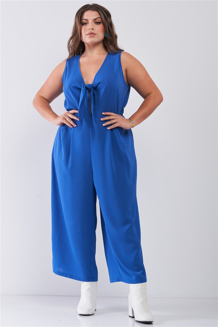 Plus Size Sleeveless V-neck Self-tie Front Detail Wide Leg Jumpsuit