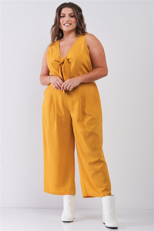 Plus Size Sleeveless V-neck Self-tie Front Detail Wide Leg Jumpsuit