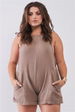 Plus Taupe Square Neck Sleeveless Self-tie Shoulders Drawstrings Front And Side Pockets Cuffed Romper