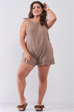 Plus Taupe Square Neck Sleeveless Self-tie Shoulders Drawstrings Front And Side Pockets Cuffed Romper