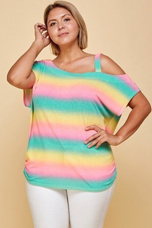 Plus Size Cute Tie Dye Striped Terry Print One Shoulder Strap Top