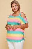 Plus Size Cute Tie Dye Striped Terry Print One Shoulder Strap Top