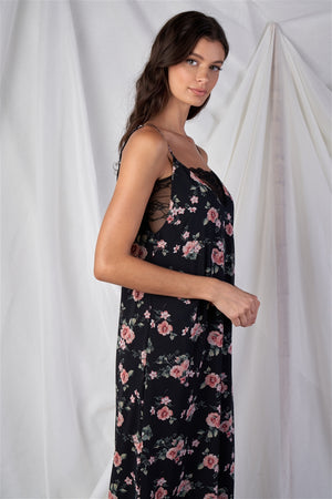 Floral Print V-neck Straight Fit Sleeveless Maxi Dress With Lace Bustier Underline Detail