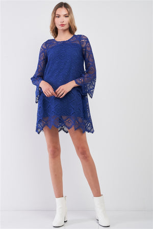 Royal Blue Crochet Lace Round Neck Long Bell Sleeve Zigzag Hem Loose Fit Mini Dress