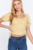 Puff Slv Side Shirring Rib Knit Top