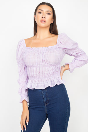 Smocking Plaid Pattern Crop Top