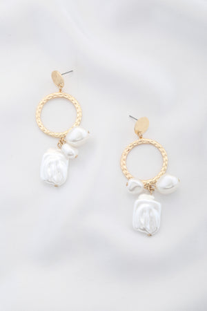 Tripe Pearl Bead Round Metal Dangle Earring