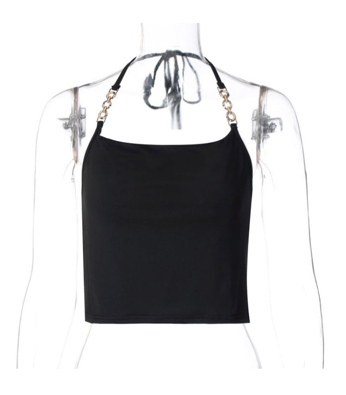 Black Halter Top With Metal Chain