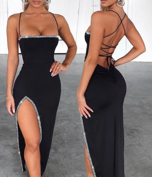 Studded Bandage Backless Slit Dress