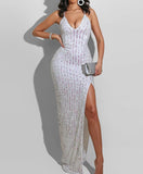 Spaghetti Strap Sequins High Slit Dress