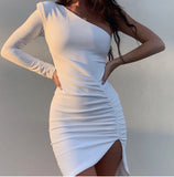 Autumn and Winter Dress Sexy One-Shoulder Long Sleeve Irregular Pleated Dress