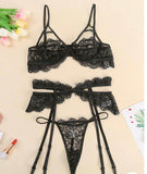 Solid Lace Patchwork Strap Bra With Waist Cincher And Panties Sexy Sets