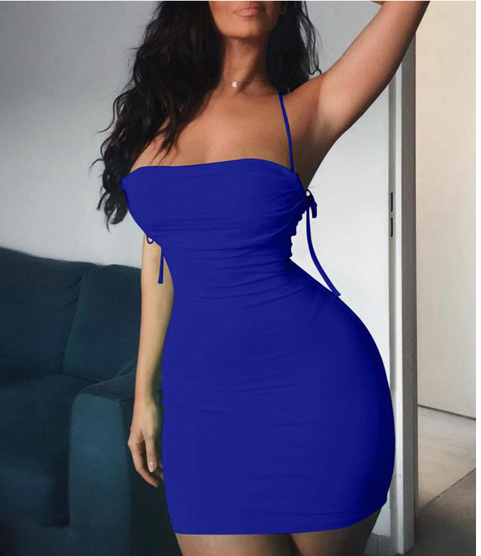 Blue Spaghetti Strap Ruched Detail Backless Bodycon Dress