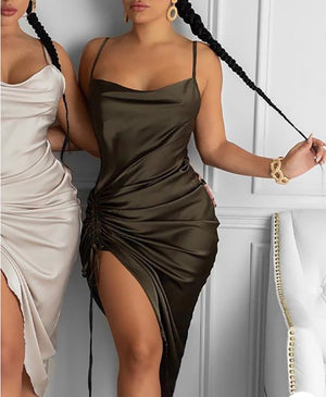 Ruched Drawstring Satin Bodycon Dress