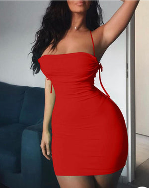 Red  Spaghetti Strap Ruched Detail Backless Bodycon Dress