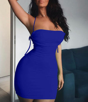 Blue Spaghetti Strap Ruched Detail Backless Bodycon Dress