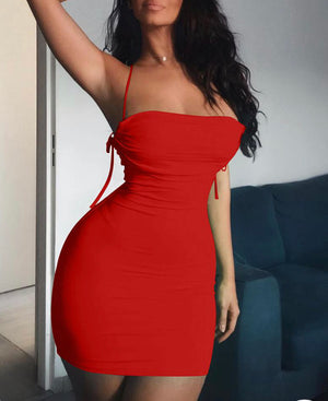 Red  Spaghetti Strap Ruched Detail Backless Bodycon Dress