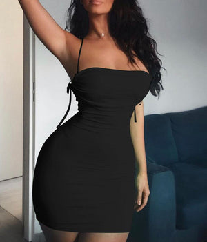 Black  Spaghetti Strap Ruched Detail Backless Bodycon Dress